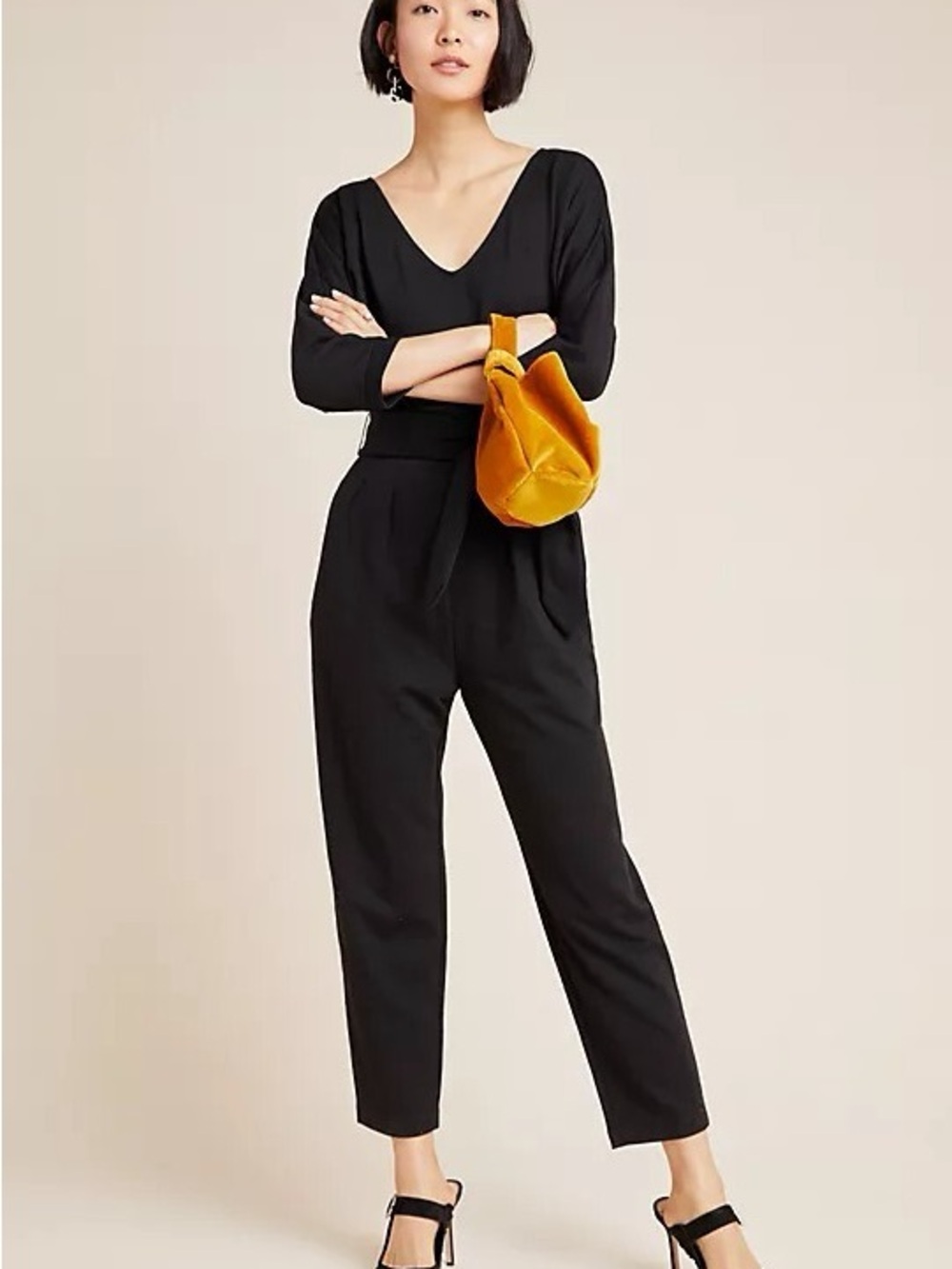 Anthropologie Black Tie-Waist Straight Leg Jumpsuit Size Medium